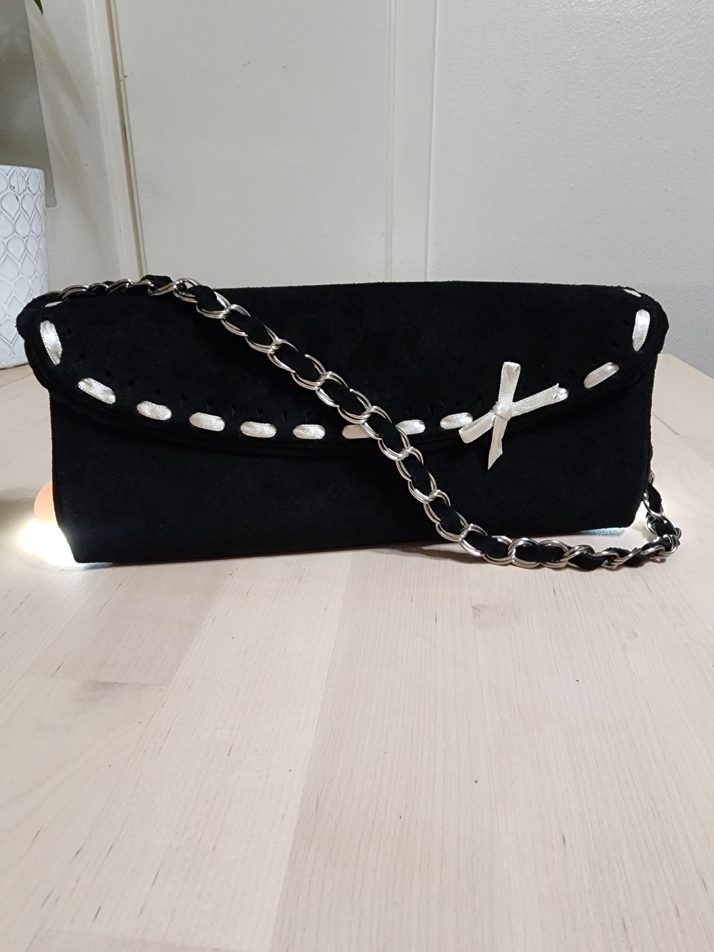Banana Republic Black Suede Clutch with Silver Chain
